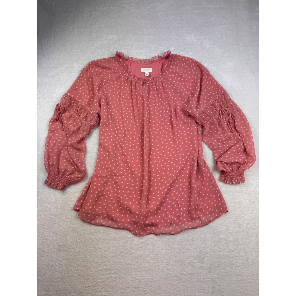 Susan Graver Weekend Coral Pink Polka Dot Ruffle Neck Blouse Medium